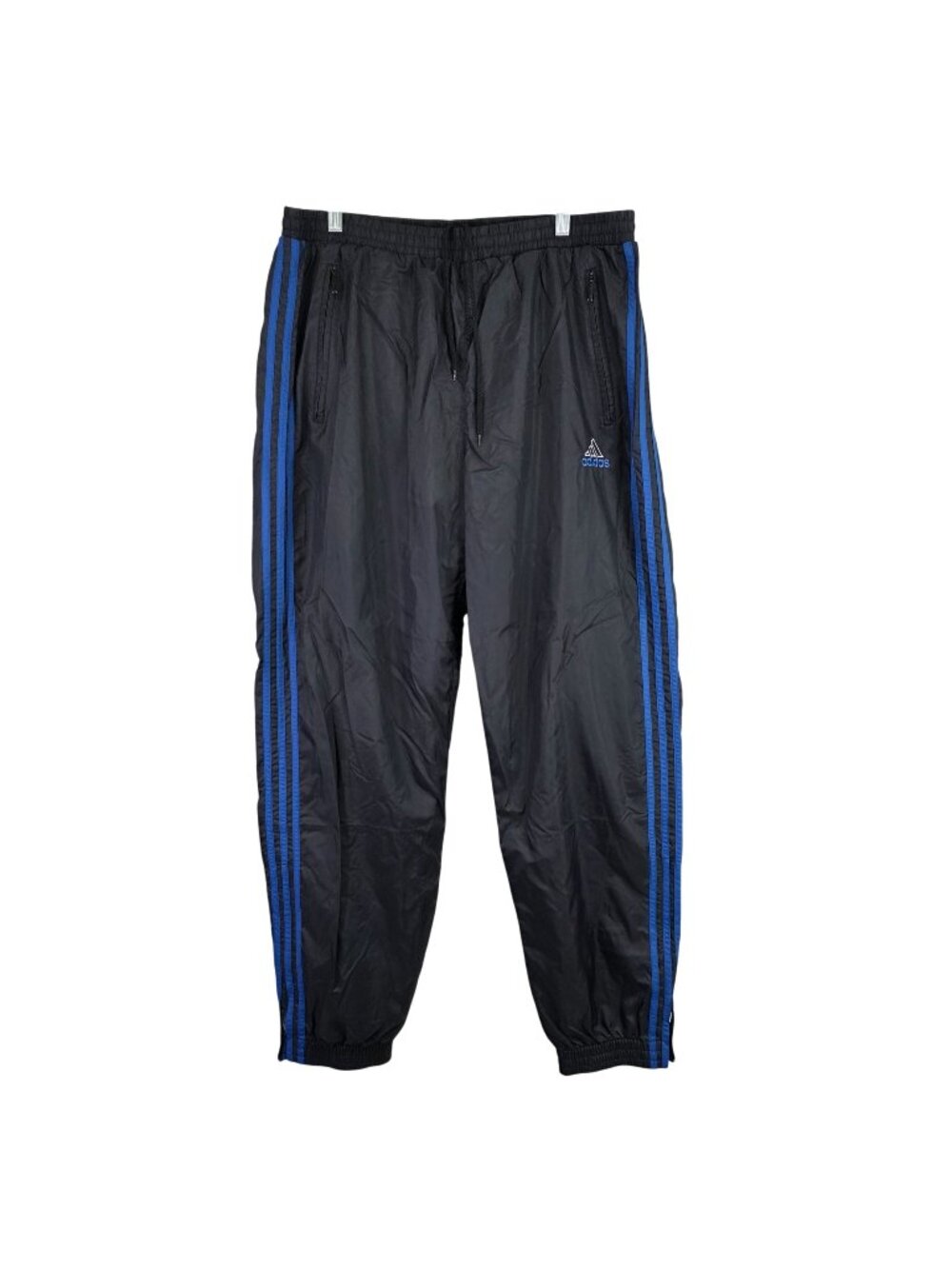 Mens Vintage Adidas Black & Blue Stripes Track Pants Nylon Zip Pockets XL